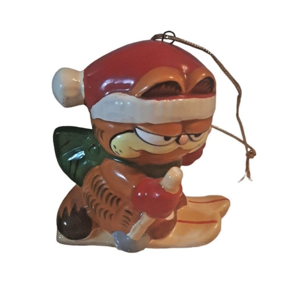 Vintage Garfield Ceramic Snow Skier Christmas Ornament W/Tag Enesco 1981